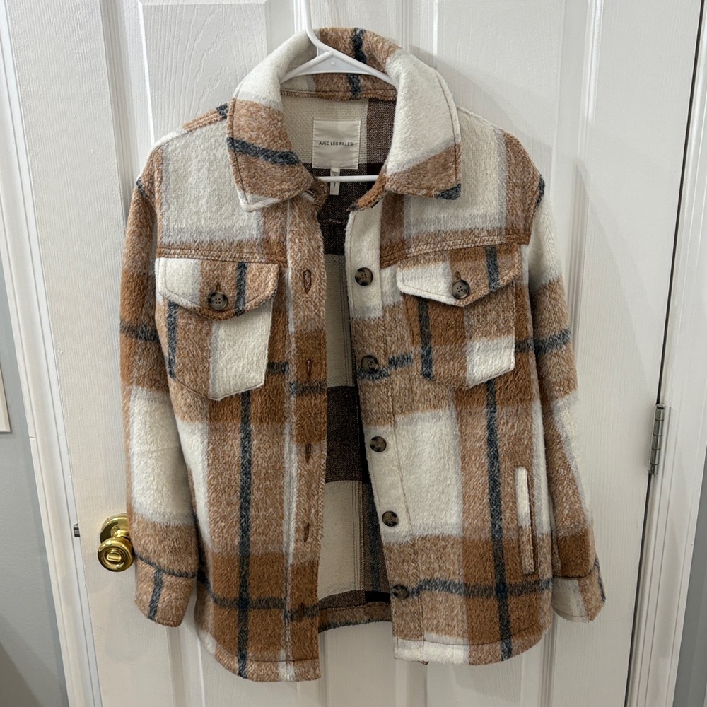 Avec Les Filles Brown and Cream Plaid Utility Jacket